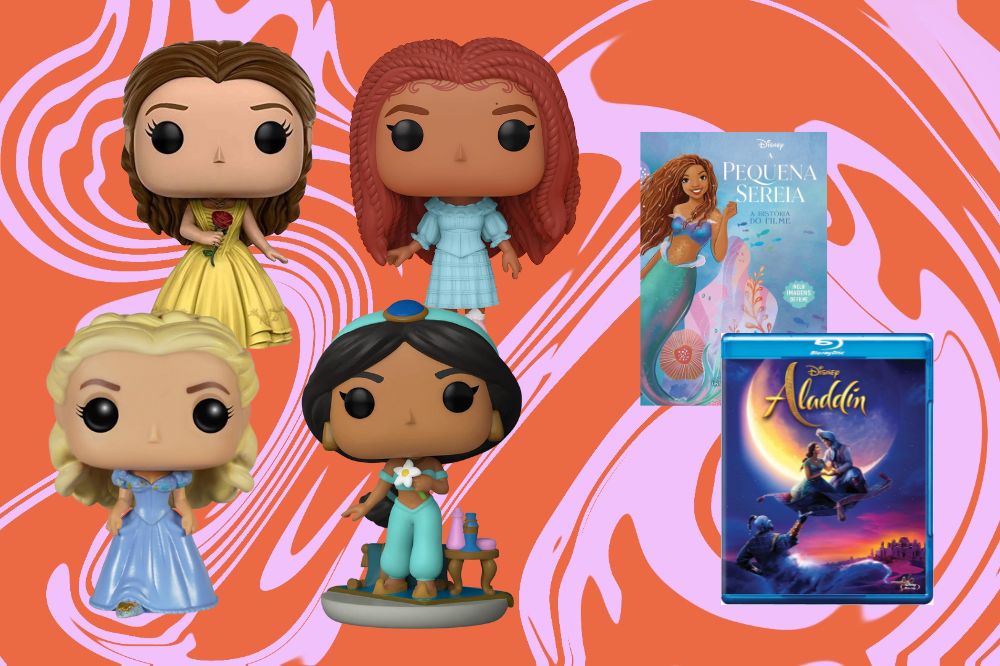 Imagens de 4 funkos de princesas da Disney, um livro e um DVD de live-actions da Disney; o fundo é uma textura das cores rosa e laranja misturadas em diferentes formatos