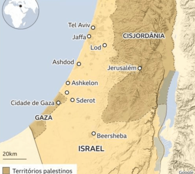 Mapa mostra territórios de Israel e palestinos no Oriente Médio