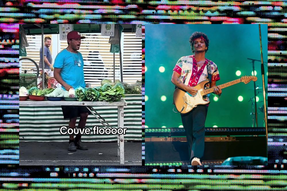 montagem com duas fotos: a primeira o feirante cantando e a segunda, o Bruno Mars tocando guitarra