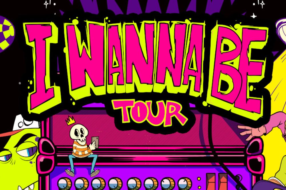 Pôster da I Wanna Be Tour com desenhos coloridos e uma caixa ilustração de caixa de som em tons de amarelo, rosa e roxo