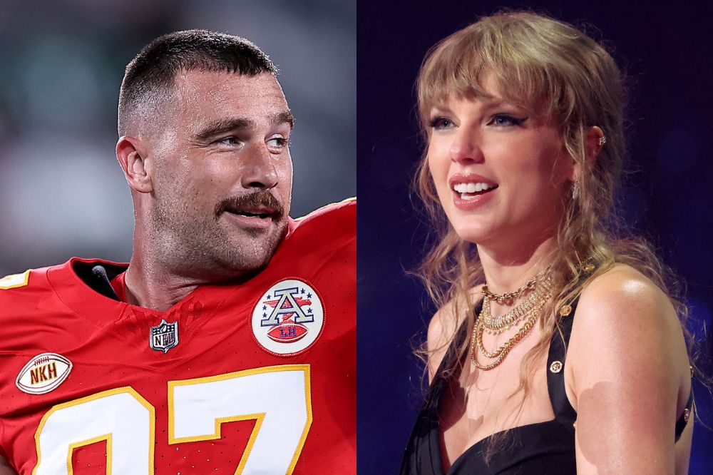 Duas imagens de Travis Kelce e Taylor Swift; na primeira Travis está sorrindo levemente enquanto olha para lado usando o uniforme do Kansas City Chiefs; na segunda Taylor Swift está discursando ao receber prêmio no VMAs 2023 e sorri enquanto fala