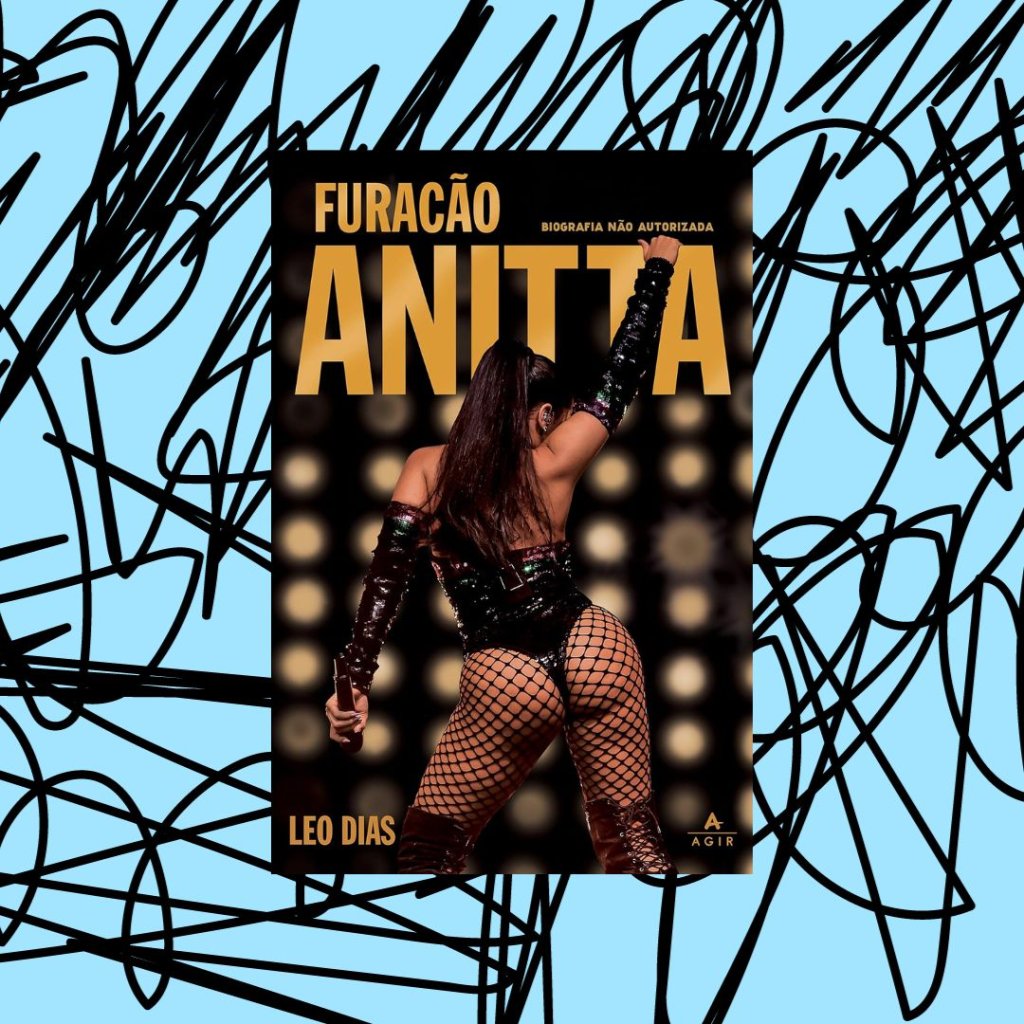 Capa do livro Furacão Anitta. Fundo azul e rabiscos pretos.