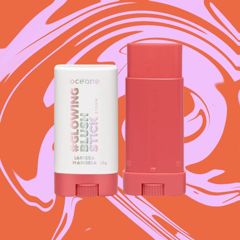 kit (2) Duas imagens de bastão de blush em fundo nas cores laranja e rosa