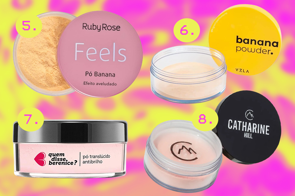 pó-facial-solto-banana-rosa-02 Opções de pó facial solto banana e rosa. Montagem em fundo rosa e amarelo