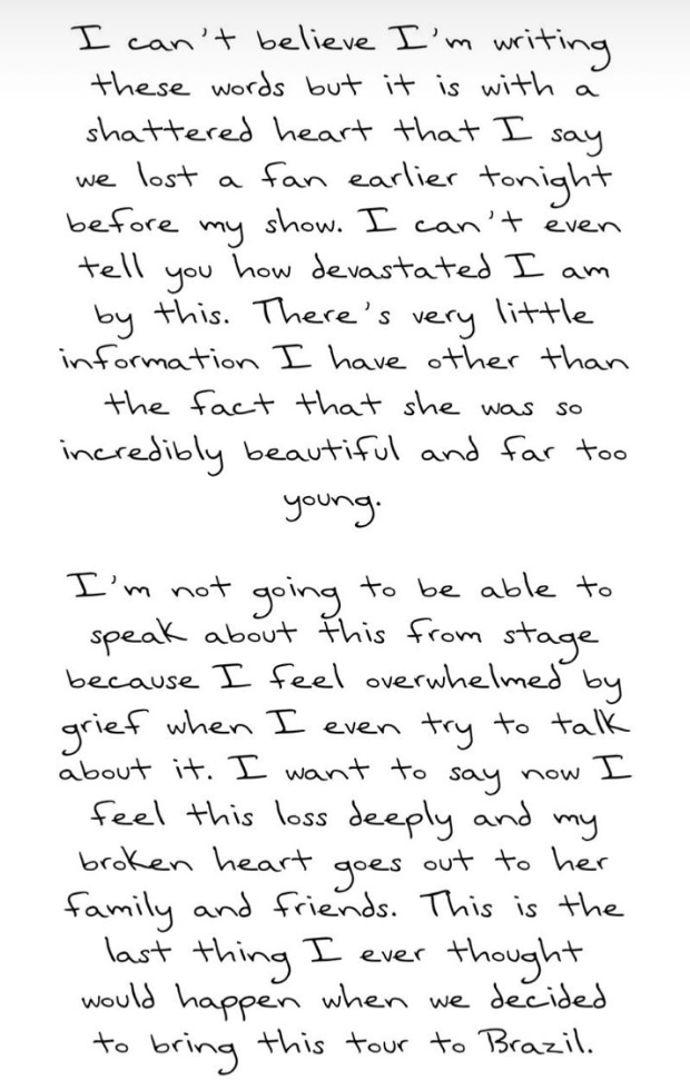 Taylor escreve carta lamentando morte de fã em 1º show da "The Eras Tour" no Brasil.