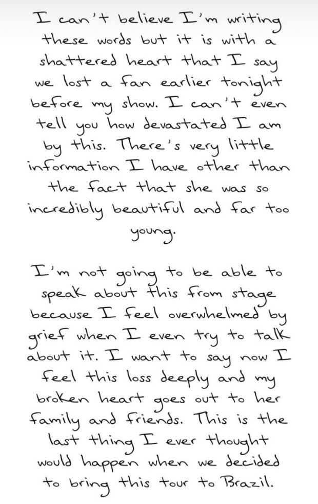 posicionamento taylor swift Taylor escreve carta lamentando morte de fã em 1º show da "The Eras Tour" no Brasil.