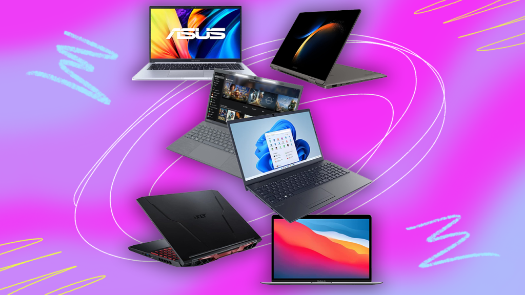 Imagens de 6 laptops diferentes em um fundo azul e roxo