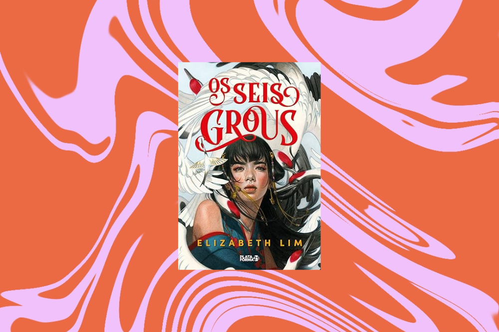 Imagem do livro "Os Seis Grous", com a ilustração de uma menina na frente, em um fundo laranja e rosa
