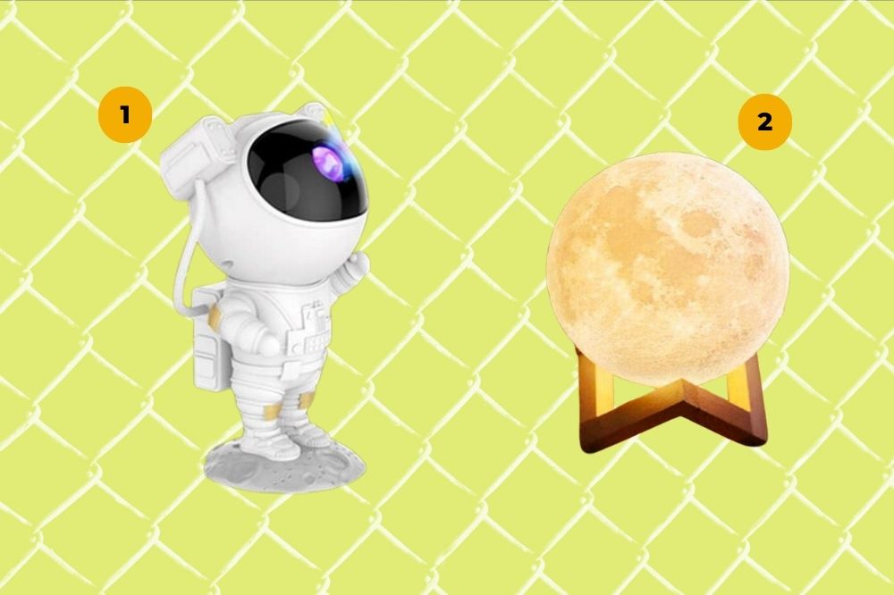 abajur e projetor Projetor em formato de astronauta e luminária em formato de lua cheia