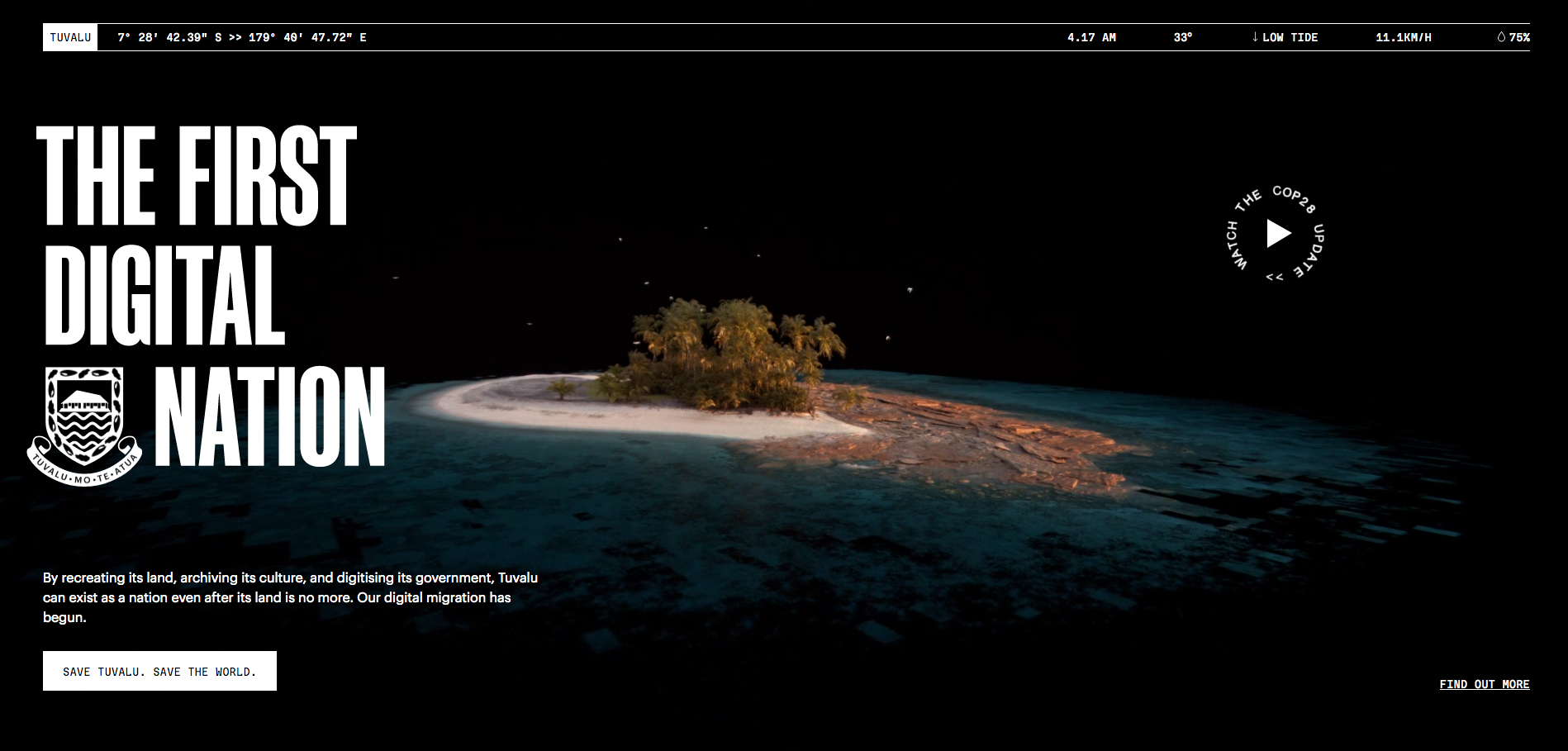 Print do site do Tuvalu, em que aparece a imagem de uma ilha