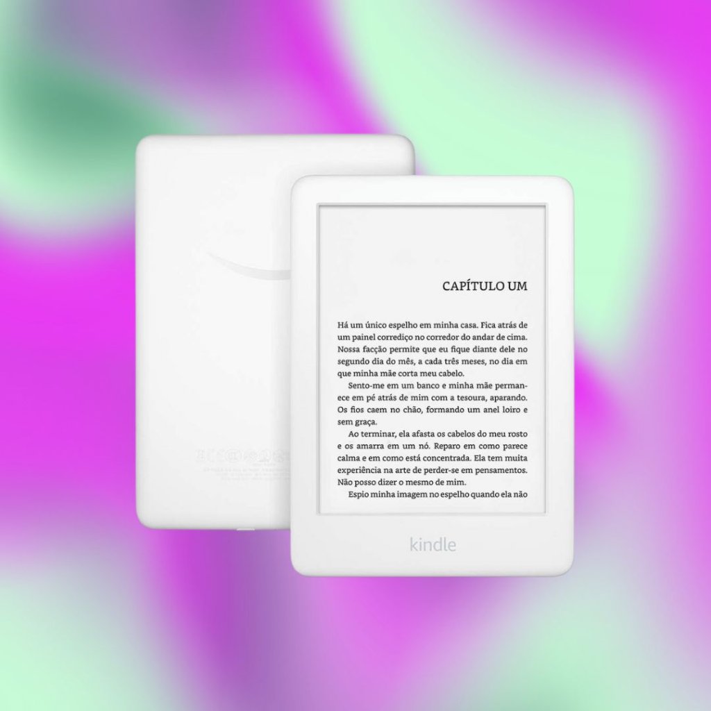 Duas imagens de Kindle; na primeira a tela e na segunda a parte de trás do aparelho; o fundo é uma textura nas cores verde e lilás