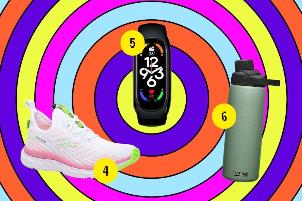 Dicas para começar a correr Em um fundo colorido, há um tenis branco com detalhes em verde e rosa, uma garrafa de água verde musgo e um relógio de pulso preto.