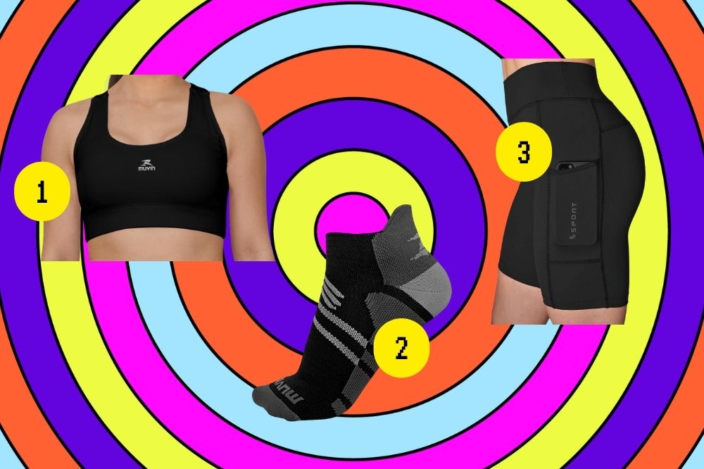 Dicas para começar a correr Em um fundo colorido, há um top de exercício preto, uma meia cinza e preta e uma bermuda preta.