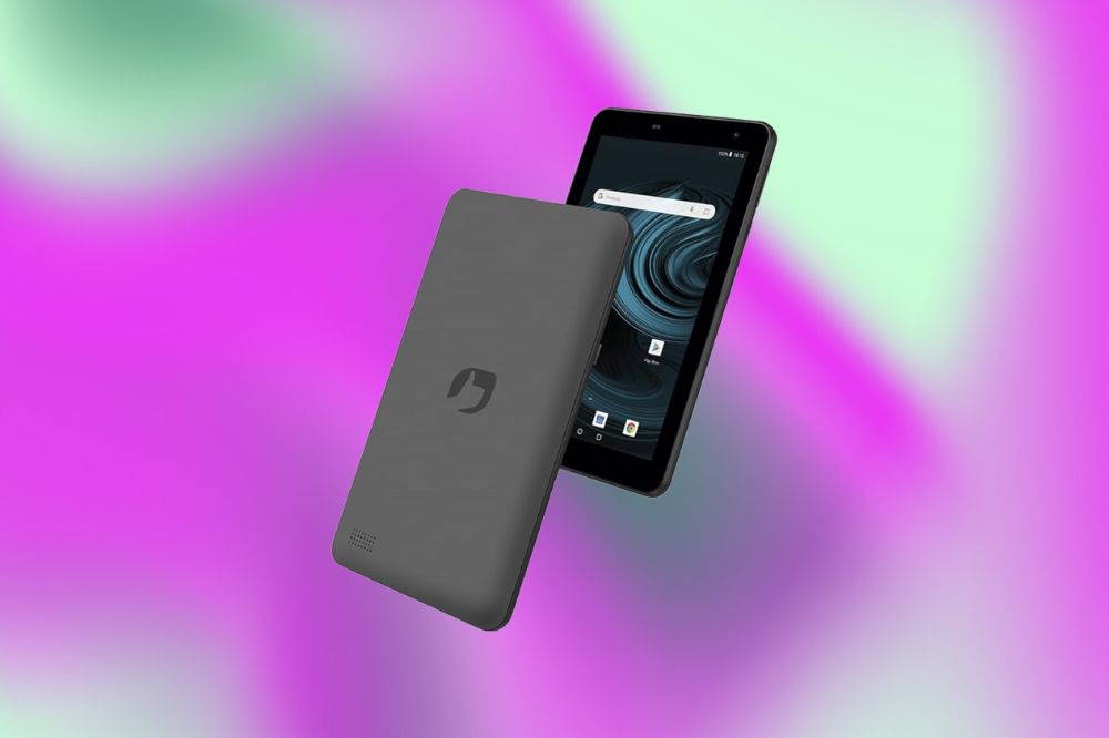 Imagem de um tablet preto em um fundo roxo e verde.