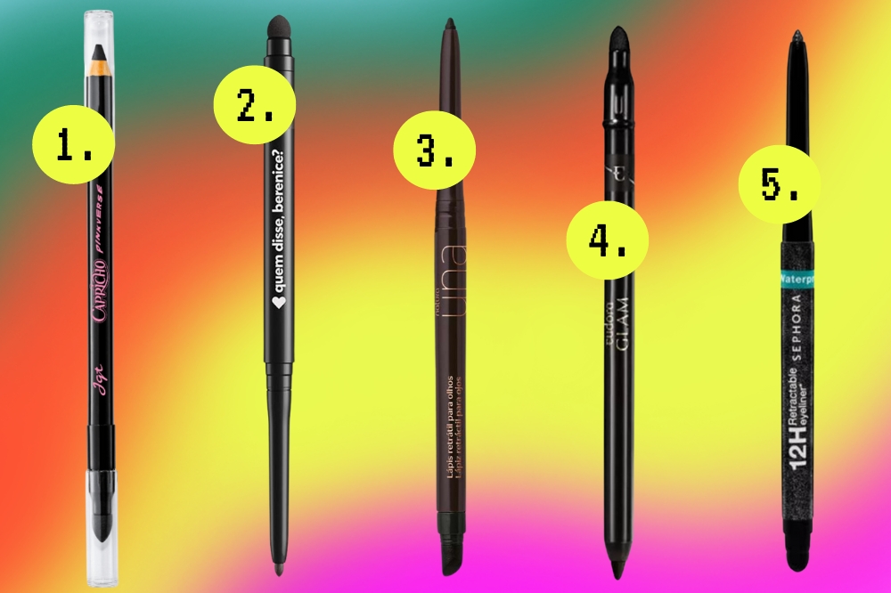 Opções de lápis de olho preto em fundo verde, laranja, amarelo e rosa