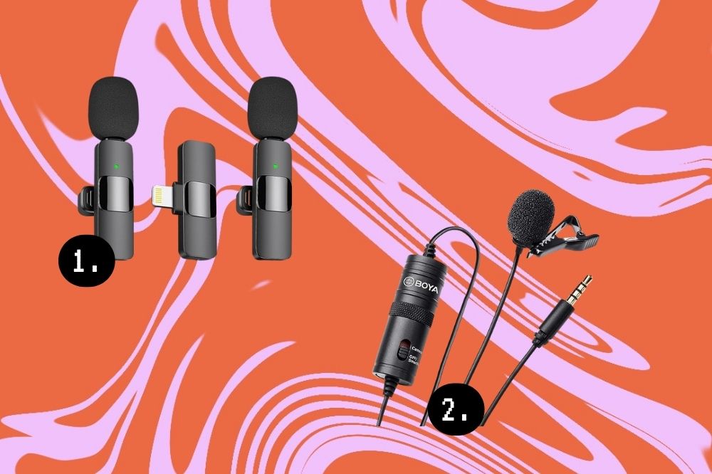 Em fundo roxo e laranja, há kits de mini microfone.
