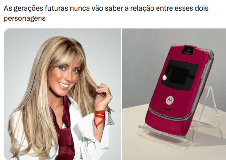 Montagem de duas fotos, Em uma aparece Mia, da novela Rebeldes, e do lado, um celular rosa antigo