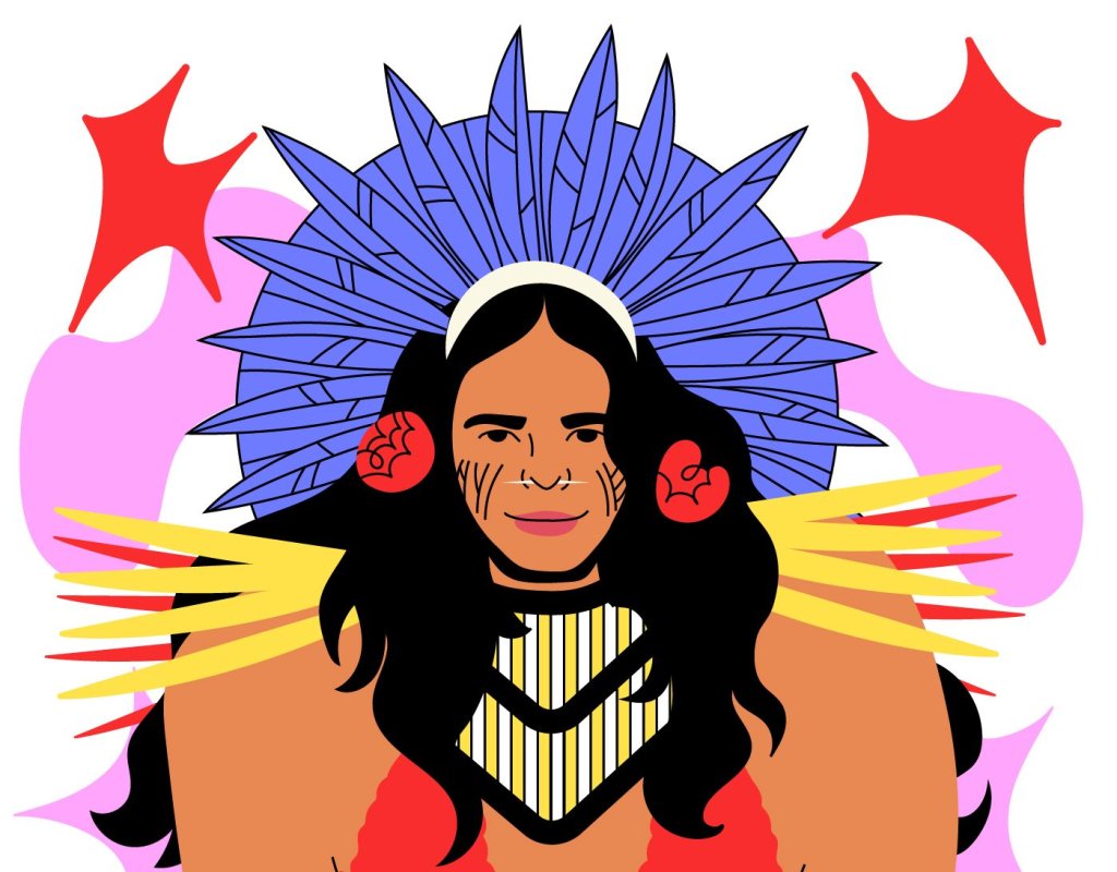 Ilustração de uma jovem indígena de cabelos pretos longos