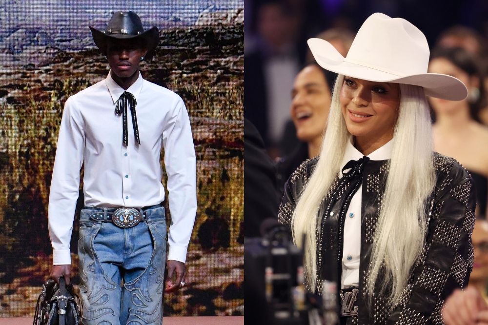 Montagem com foto do desfile masculino da Louis Vuitton à esquerda e Beyoncé no Grammy 2024 à direita usando chapéu country
