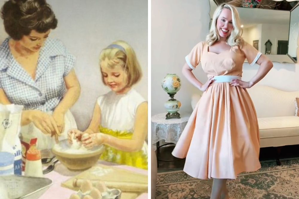 Estee Williams e ao lado a imagem de uma foto antiga de uma mulher com a filha cozinhando