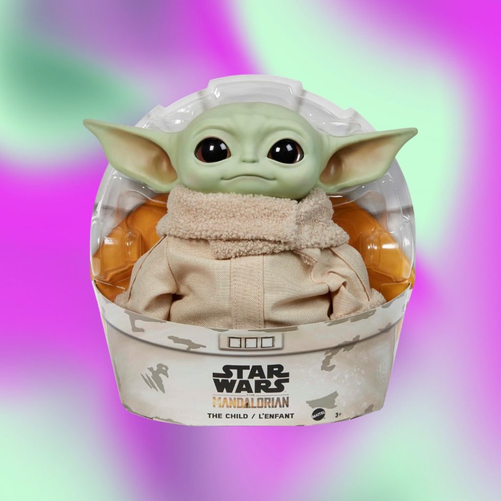 Boneco do baby yoda em fundo degradê em roxo e verde