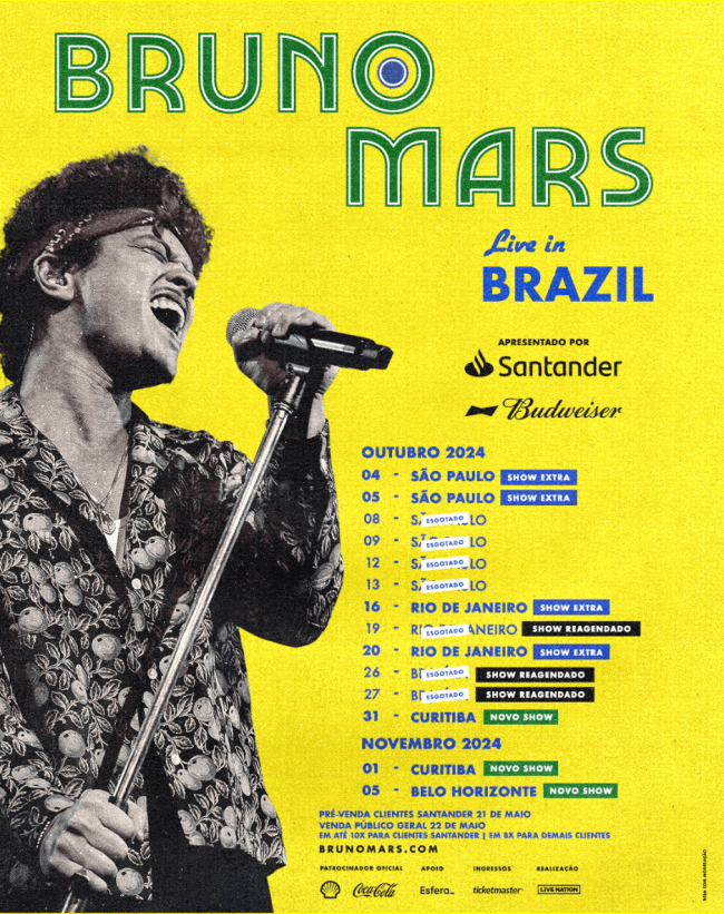 Cronograma de shows de Bruno Mars no Brasil