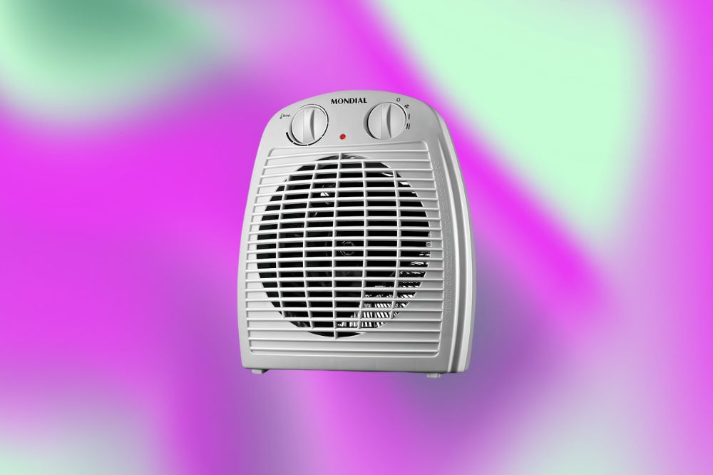 Imagem de um aquecedor cinza em fundo roxo e verde.
