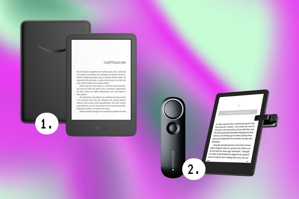 Coisas para você fazer durante as férias de julho longe do celular Imagem de dois kindles pretos em um fundo roxo e verde.