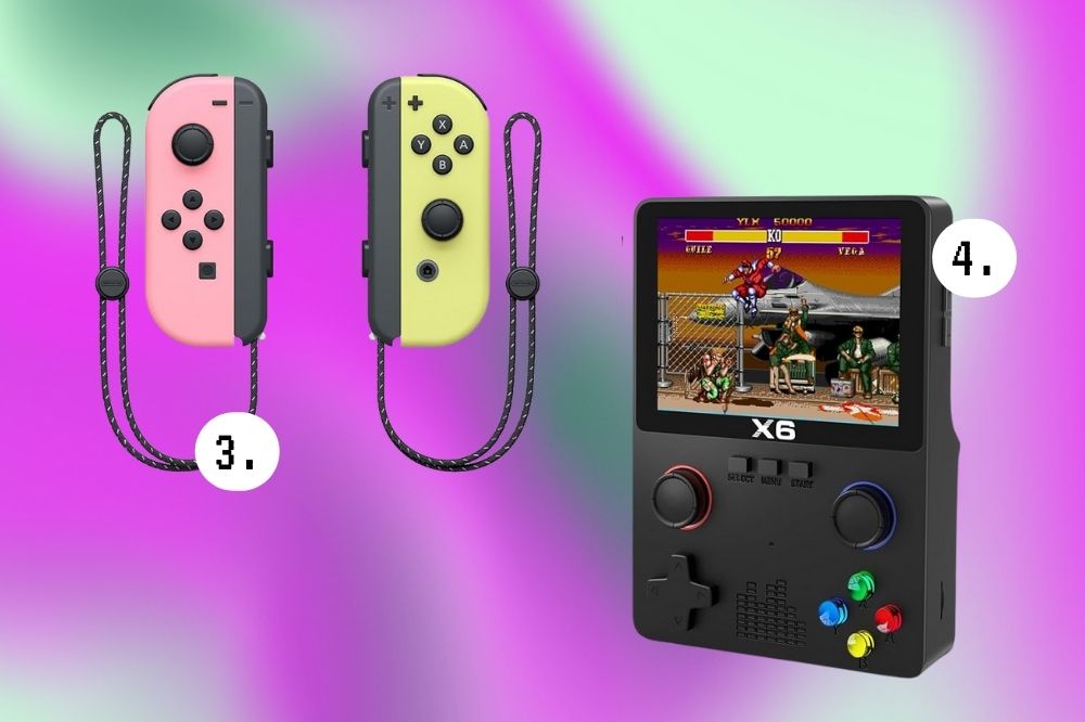 Coisas para você fazer durante as férias de julho longe do celular À esquerda, um videogame Nintendo metade rosa e metade amarela, e à direita um videogame preto modelo vintage.