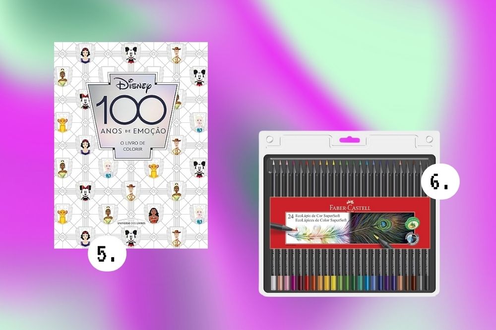 Coisas para você fazer durante as férias de julho longe do celular Imagem de um livro de colorir temático dos 100 anos da Disney e, ao lado, uma cartela com lápis de cor preto da Faber-Castell.