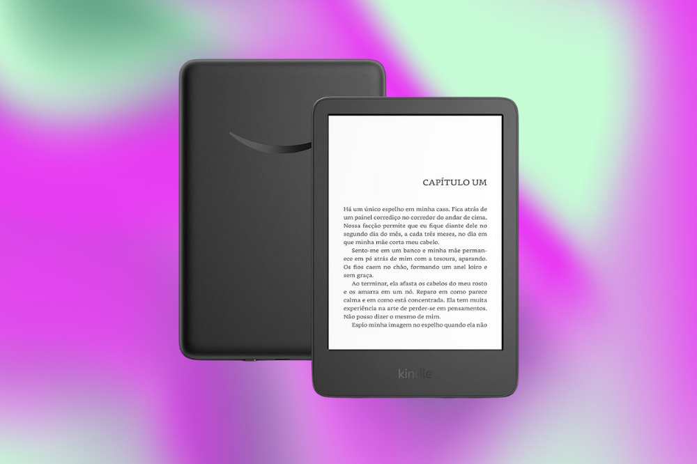 Imagem de um kindle preto em um fundo roxo e verde.