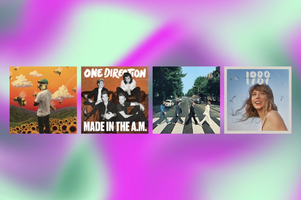 Imagens de capas de CDs e vinis [Tyler, The Creator, One Direction, The Beatles e Taylor Swift] em um fundo com degradê das cores azul, lilás, verde e roxo