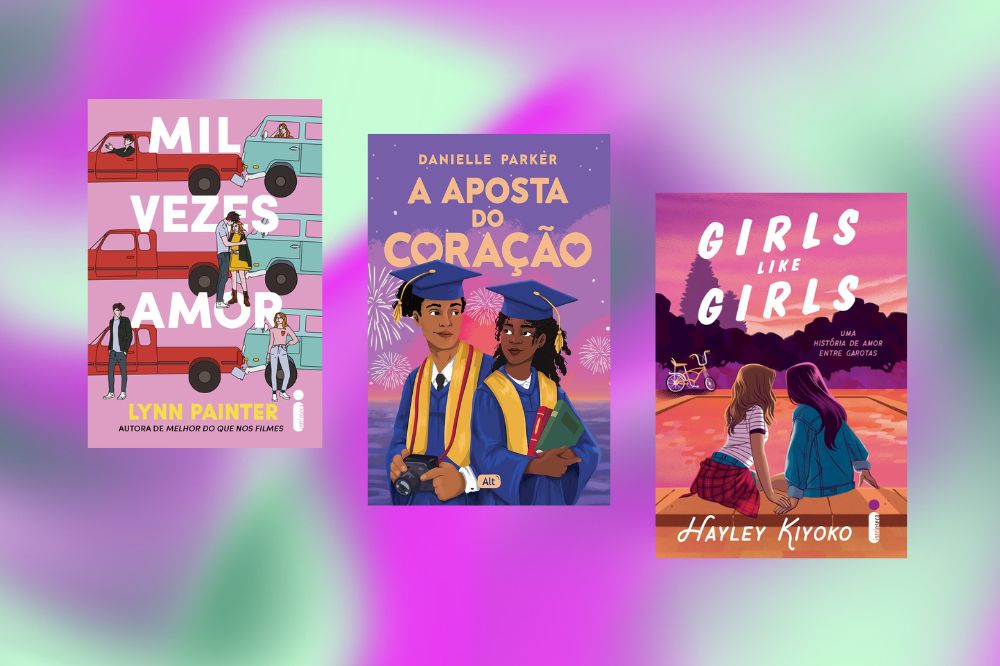 Capas de três livros em um fundo degradê nas cores azul, roxo, verde e lilás