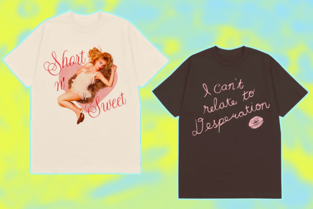 Camisetas do merch oficial de Short n' Sweet, álbum da Sabrina Carpenter