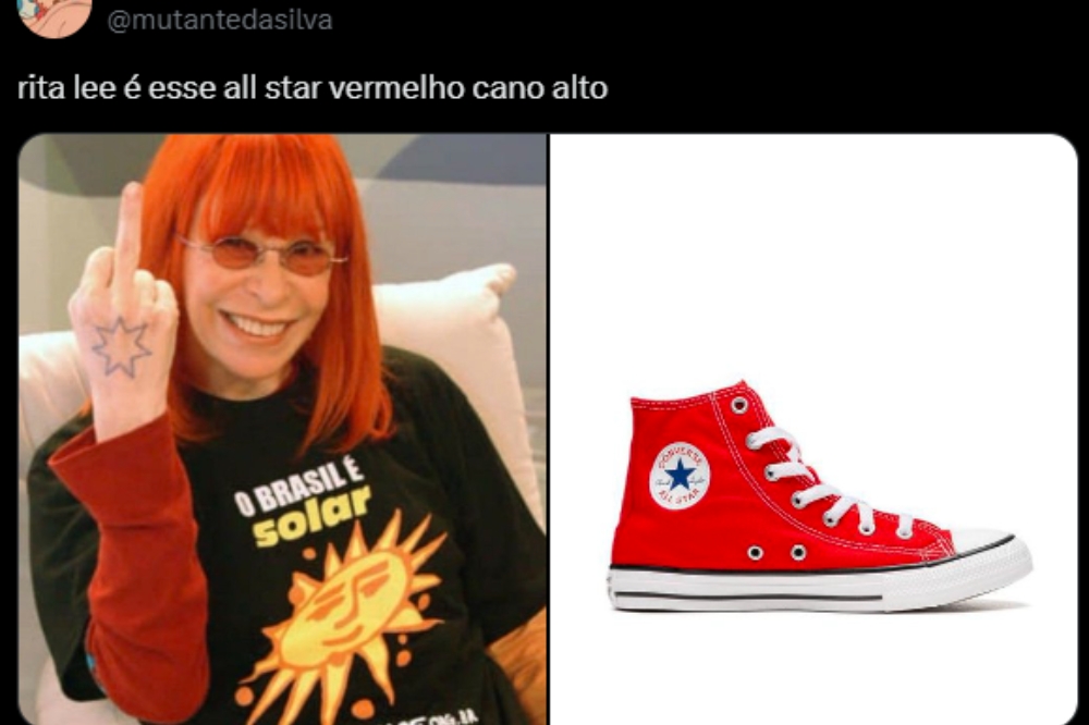 Tweet com foto de Rita Lee sendo comparada a um tênis All Star vermelho