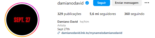 Print do perfil de Damiano David no Instagram