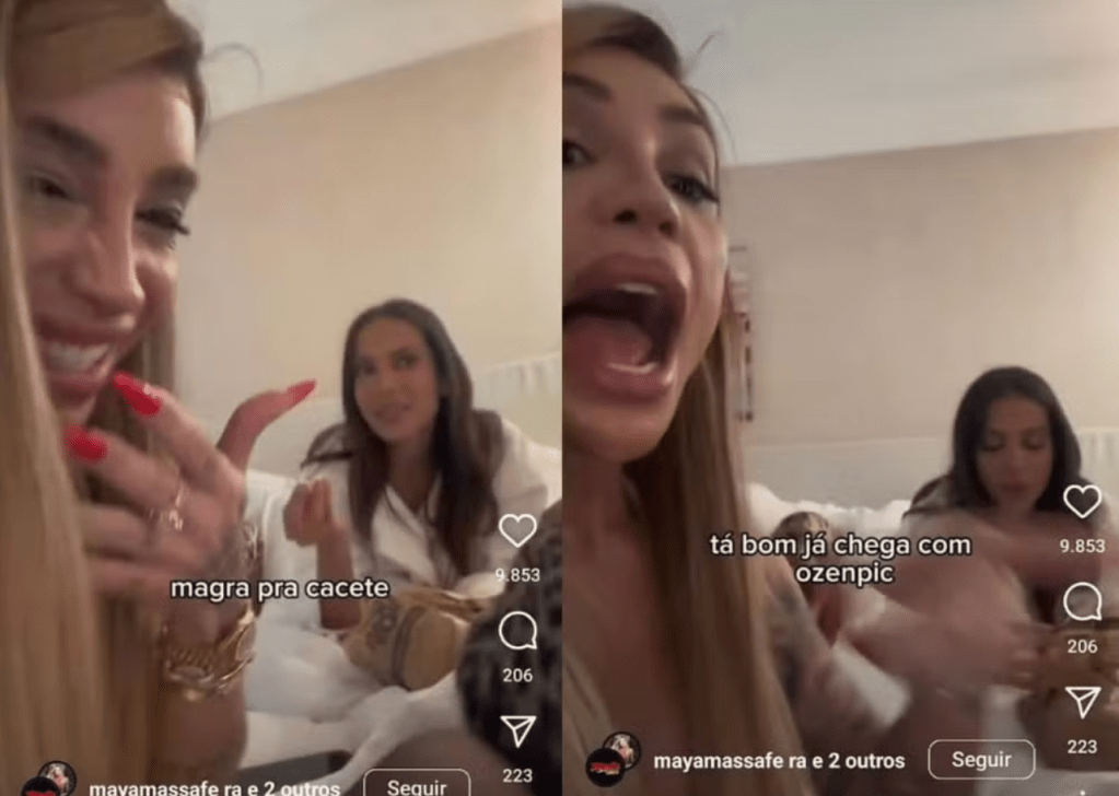 Maya Massafera e Anitta em momento de descontração em quarto de Hotel em Paris.