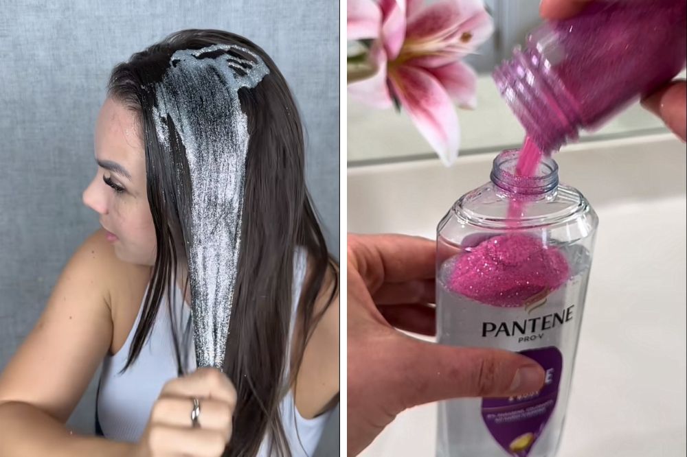 À direita, imagem de uma mulher passando shampoo com glitter na cabeça e, à esquerda, glitter rosa sendo jogado no shampoo.