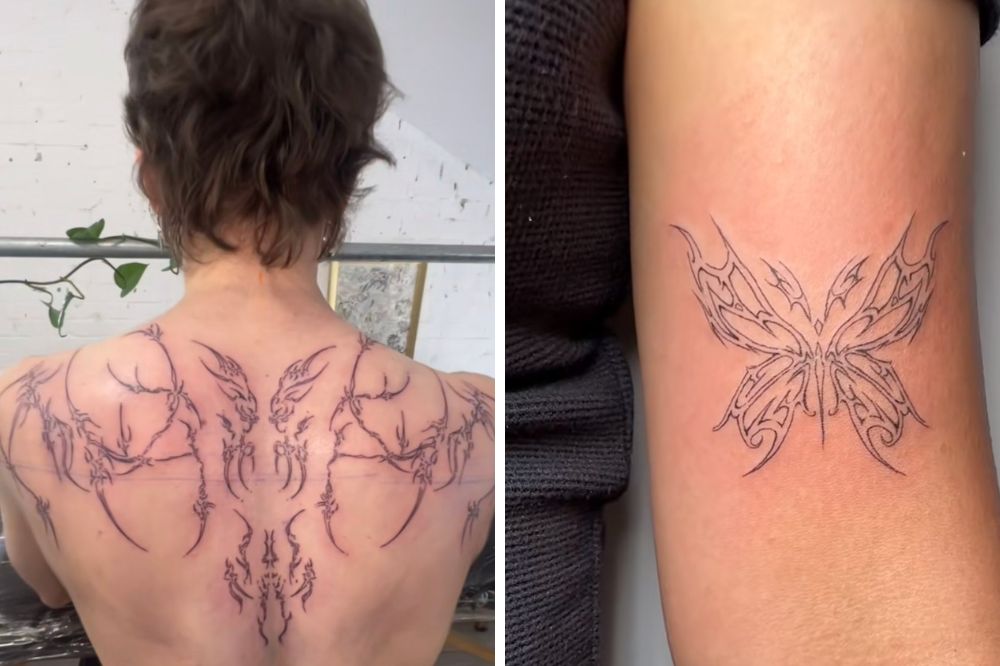 Duas imagens de tatuagens no estilo cybersigilism.