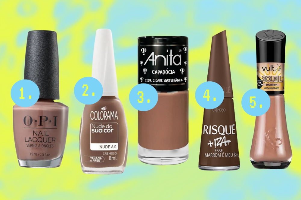 Esmaltes em tonalidades que se aproximam do Mocha Mousse, cor Pantone para 2025