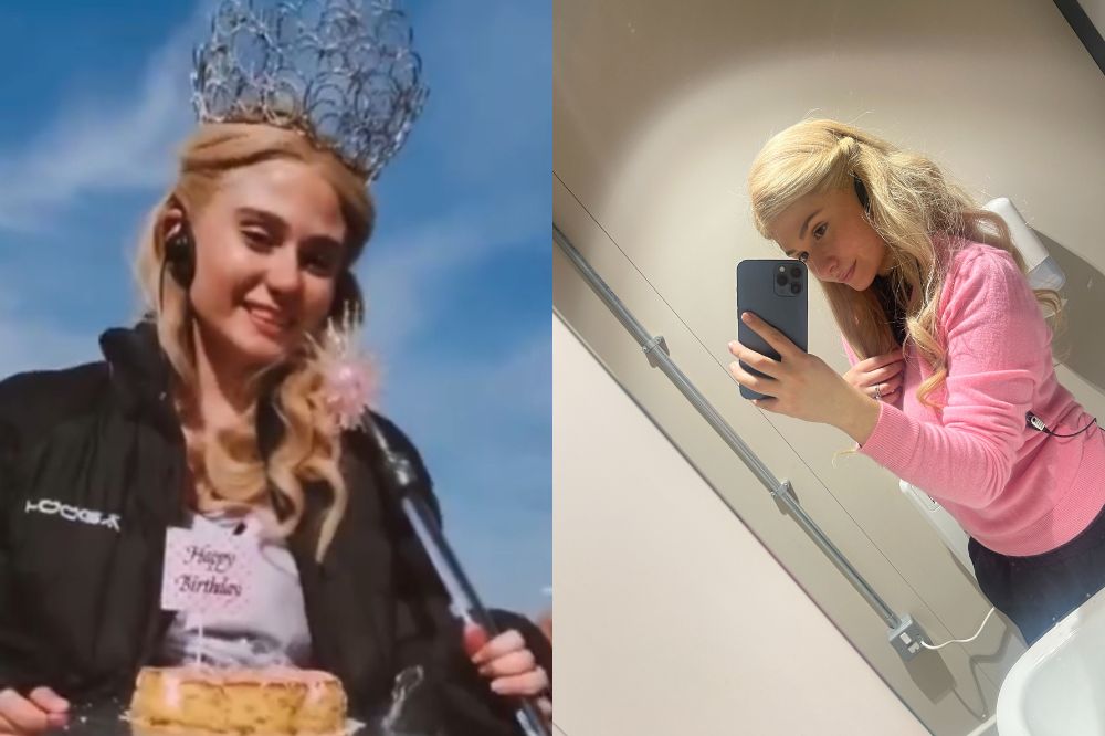 Duas imagens de Isabelle Bernardo caracterizada como Glinda no set de Wicked; em uma imagem ela está sorrindo com a coroa e segurando a varinha mágica da personagem e na segunda ela está em um trailer tirando uma selfie no espelho