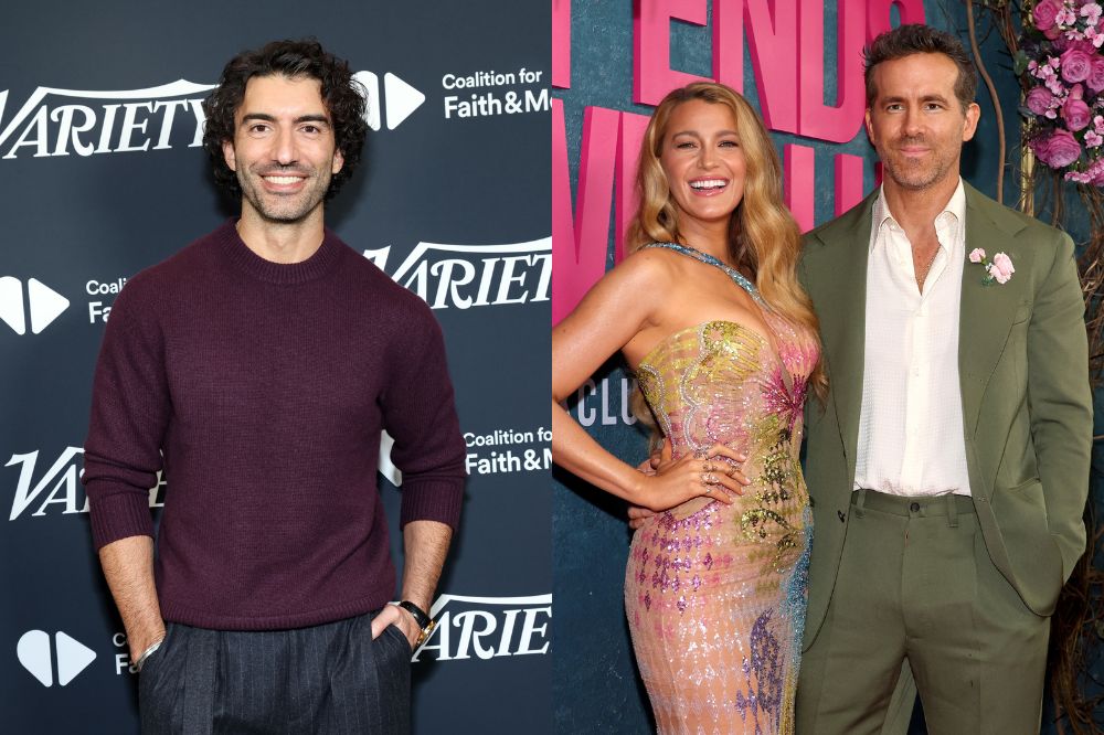 Duas imagens; na primeira Justin Baldoni sorrindo enquanto posa para foto com as mãos no bolso; na segunda Blake Lively e Ryan Reynolds na première de É Assim Que Acaba em Nova York; eles sorriem enquanto estão posando para foto juntos
