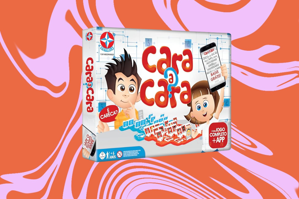 Imagem do jogo "Cara a cara", em um fundo laranja e rosa.