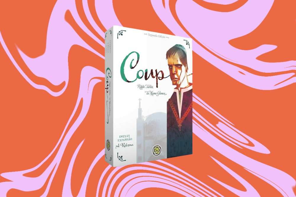 Imagem do jogo "Coup", em um fundo laranja e rosa.
