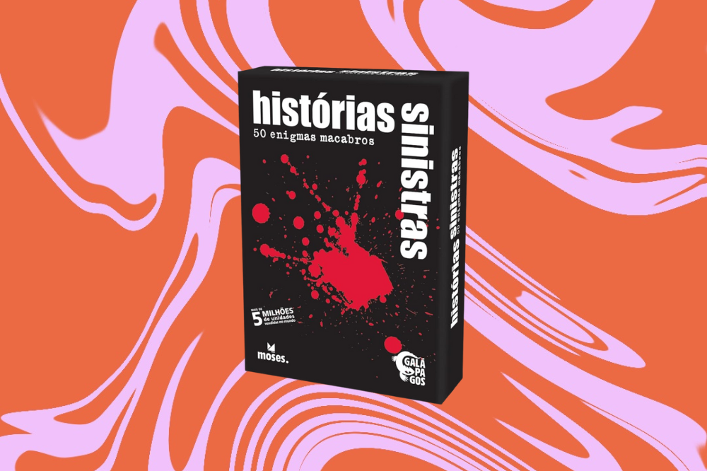 Imagem do jogo "Histórias sinistras", em um fundo laranja e rosa.