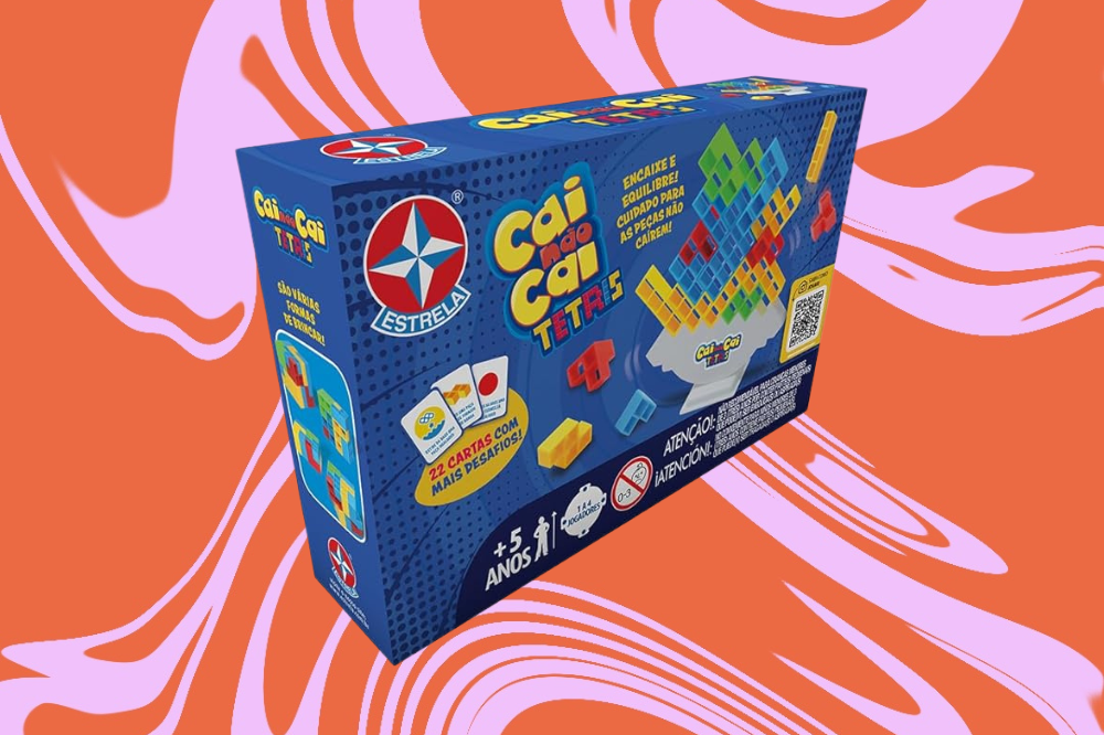 Imagem do jogo "Cai não cai", em um fundo laranja e rosa.