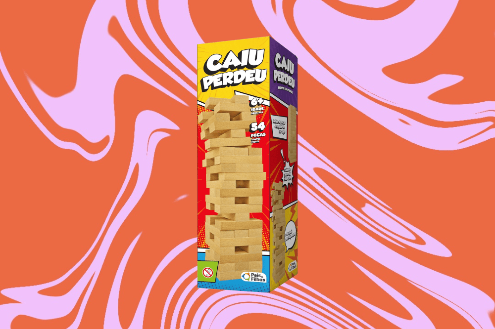Imagem do jogo "Caiu perdeu", em um fundo laranja e rosa.