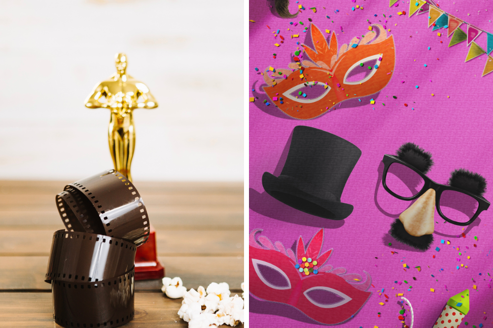 Na imagem da esquerda, há uma estatueta do Oscar com pipoca e um rolo de filme embaixo. Na direita, há máscaras de carnaval e chapéus.