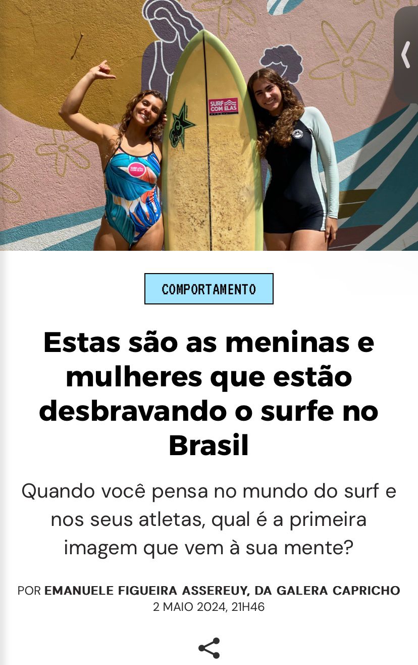 blog da galera – manu Print de uma matéria do Blog da Galera com a imagem de duas garotas segurando uma prancha de surf.