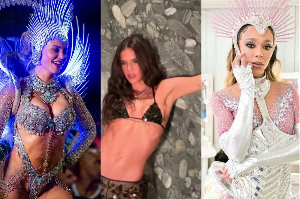 Paolla Oliveira na esquerda, ela veste a fantasia de rainha de bateria da Grande Rio. No meio Bruna Marquezine veste um biquini e pousa para fotos. Na direita, Erika Hilton pousa com fantasia para a Paraíso do Tuiuti